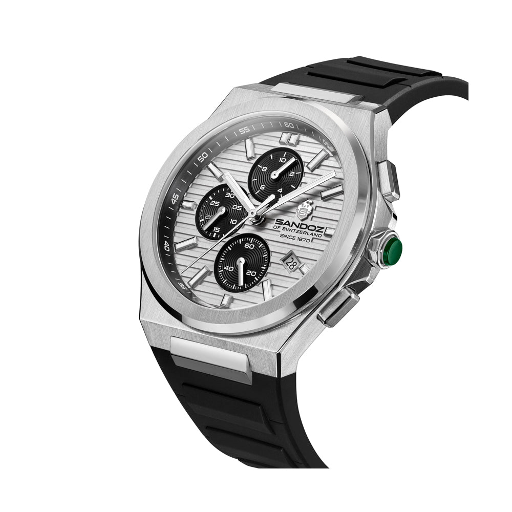 CDF 75 GENTS QUARTZ CHRONOGRAPH Silver Brushed Dial with Embossed Lines and black Chronograph eyes / Black High Resistance FKM Rubber Strap with Silver Colour Butterfuly Buckle