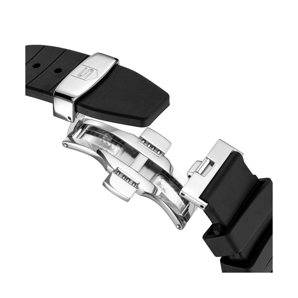 CDF 75 GENTS QUARTZ CHRONOGRAPH Silver Brushed Dial with Embossed Lines and black Chronograph eyes / Black High Resistance FKM Rubber Strap with Silver Colour Butterfuly Buckle