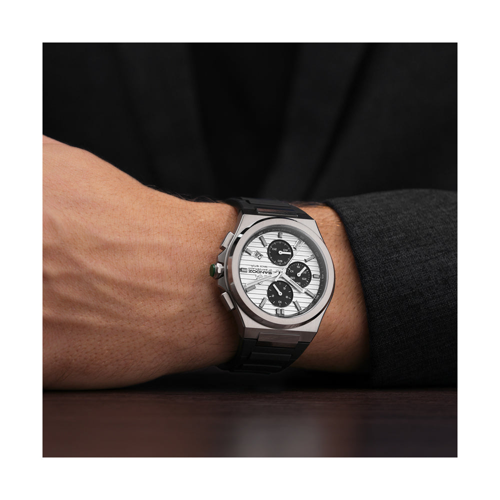 CDF 75 GENTS QUARTZ CHRONOGRAPH Silver Brushed Dial with Embossed Lines and black Chronograph eyes / Black High Resistance FKM Rubber Strap with Silver Colour Butterfuly Buckle
