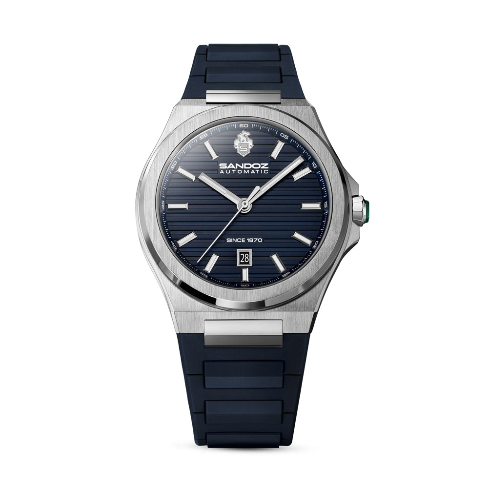 CDF 75 GENTS AUTOMATIC 3H DATE Dark Blue Brushed Dial with Embossed Lines / Blue High Resistance FKM Rubber Strap with Silver Colour Butterfuly Buckle