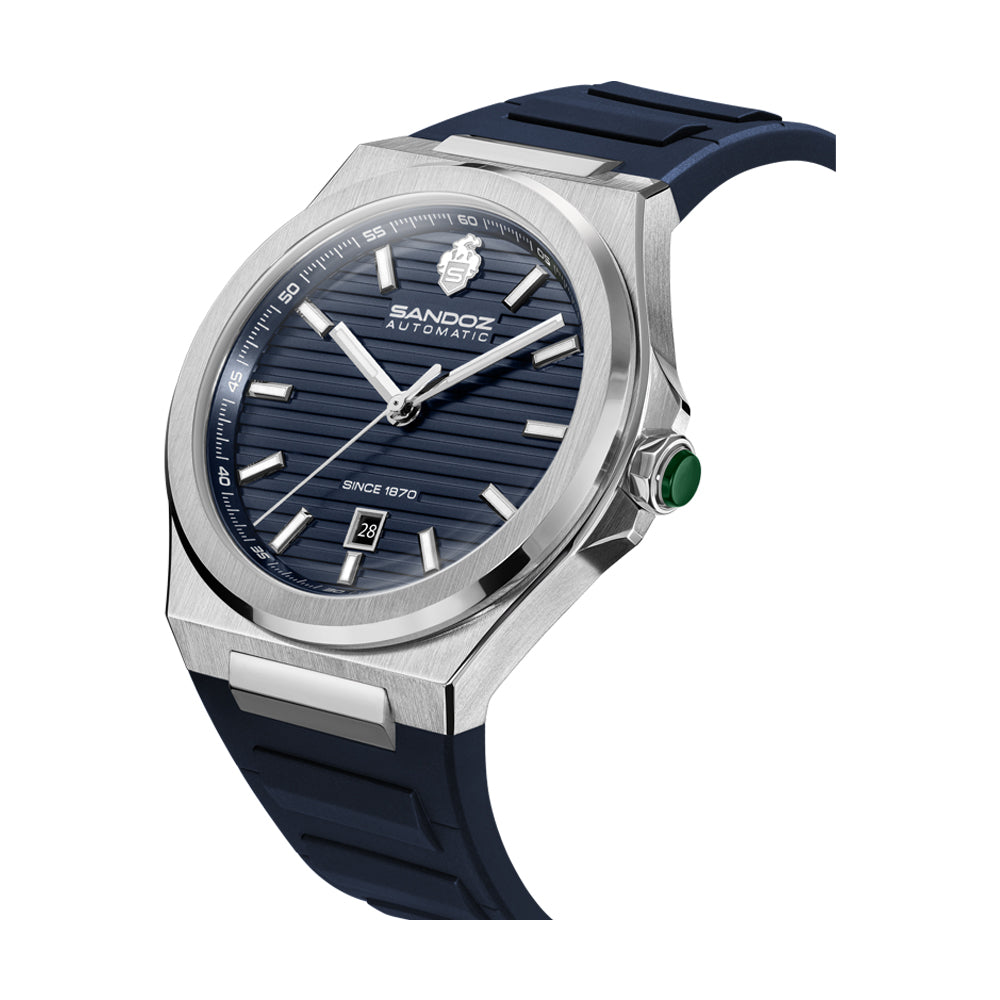CDF 75 GENTS AUTOMATIC 3H DATE Dark Blue Brushed Dial with Embossed Lines / Blue High Resistance FKM Rubber Strap with Silver Colour Butterfuly Buckle