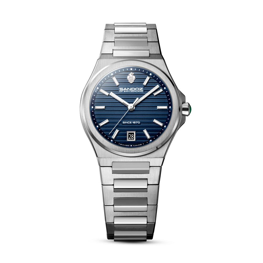CDF 75 LADIES QUARTZ 3H DATE Dark Blue Brushed Dial with Embossed Lines / Silver Colour 316L Stainless Steel Bracelet and Butterfly Buckle