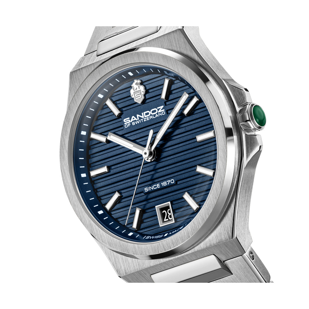 CDF 75 LADIES QUARTZ 3H DATE Dark Blue Brushed Dial with Embossed Lines / Silver Colour 316L Stainless Steel Bracelet and Butterfly Buckle