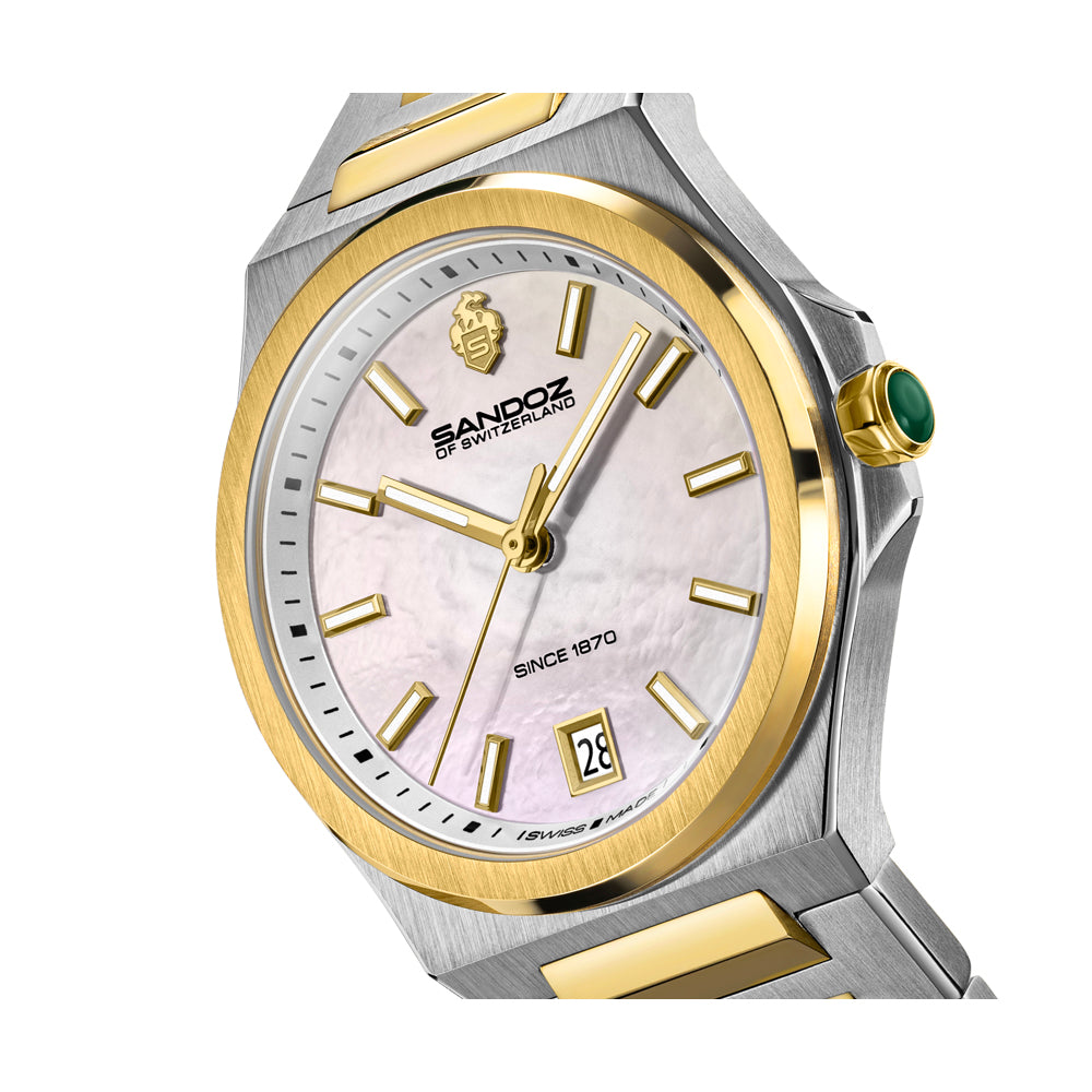 CDF 75 LADIES QUARTZ 3H DATE White Mother of Pearl / 2-tone Silver Colour and Gold Plated 316L Stainless Steel Bracelet and Butterfly Buckle