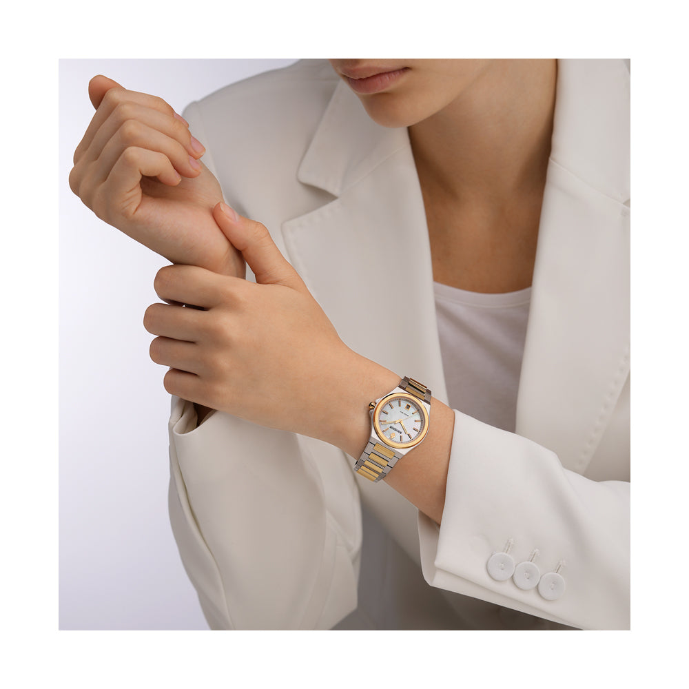 CDF 75 LADIES QUARTZ 3H DATE White Mother of Pearl / 2-tone Silver Colour and Gold Plated 316L Stainless Steel Bracelet and Butterfly Buckle