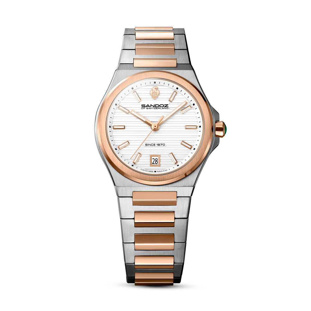 CDF 75 LADIES QUARTZ 3H DATE Silver Brushed Dial with Embossed Lines / 2-tone Silver Colour and Rose Gold Plated 316L Stainless Steel Bracelet and Butterfly Buckle