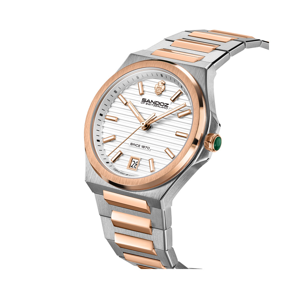 CDF 75 LADIES QUARTZ 3H DATE Silver Brushed Dial with Embossed Lines / 2-tone Silver Colour and Rose Gold Plated 316L Stainless Steel Bracelet and Butterfly Buckle