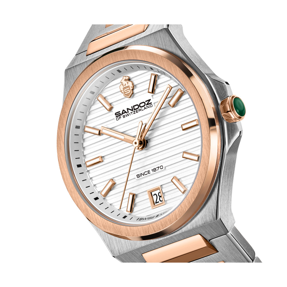CDF 75 LADIES QUARTZ 3H DATE Silver Brushed Dial with Embossed Lines / 2-tone Silver Colour and Rose Gold Plated 316L Stainless Steel Bracelet and Butterfly Buckle