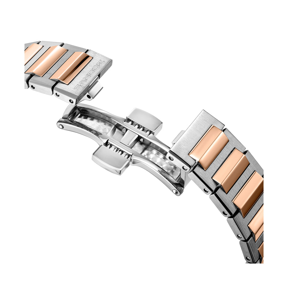 CDF 75 LADIES QUARTZ 3H DATE Silver Brushed Dial with Embossed Lines / 2-tone Silver Colour and Rose Gold Plated 316L Stainless Steel Bracelet and Butterfly Buckle