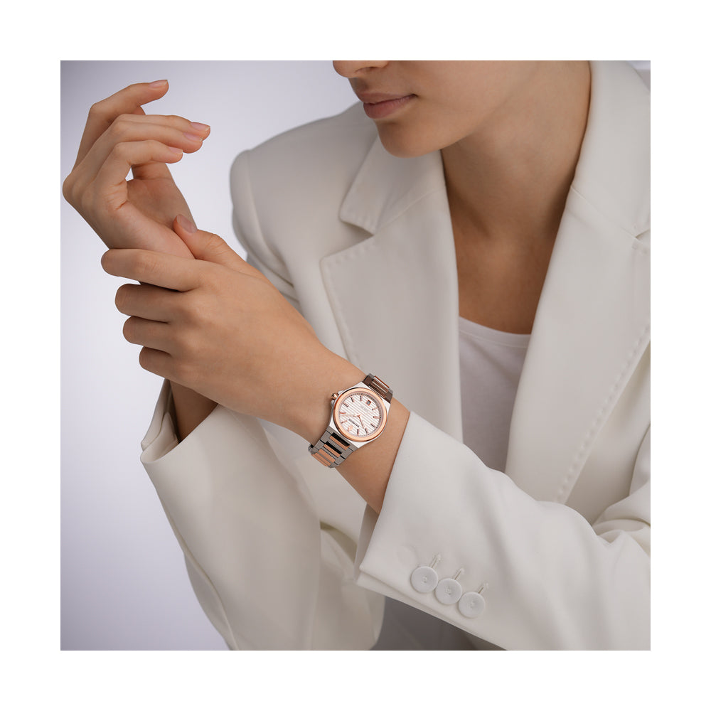CDF 75 LADIES QUARTZ 3H DATE Silver Brushed Dial with Embossed Lines / 2-tone Silver Colour and Rose Gold Plated 316L Stainless Steel Bracelet and Butterfly Buckle