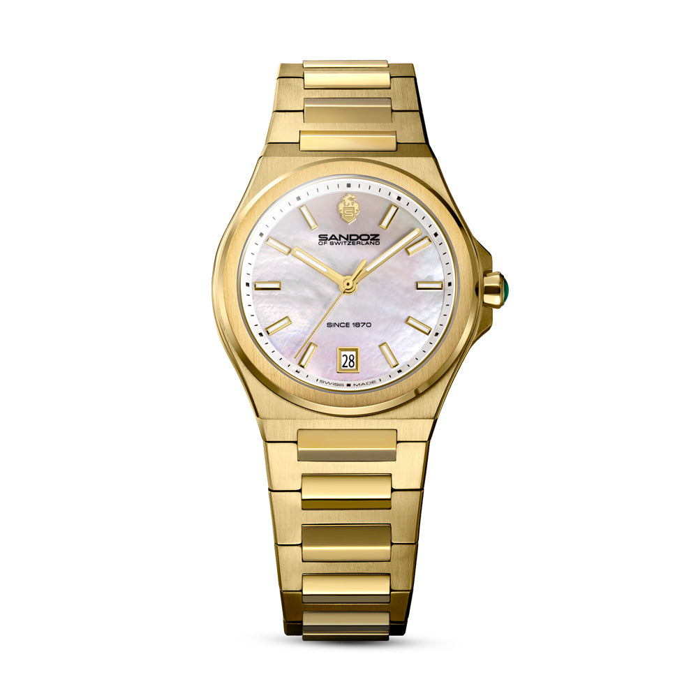CDF 75 LADIES QUARTZ 3H DATE White Mother of Pearl / Gold Plated 316L Stainless Steel Bracelet and Butterfly Buckle