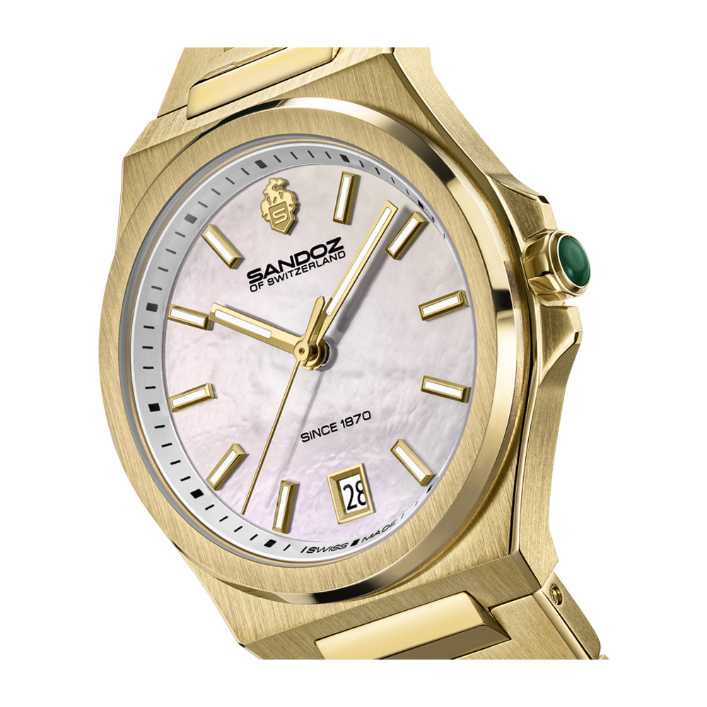 CDF 75 LADIES QUARTZ 3H DATE White Mother of Pearl / Gold Plated 316L Stainless Steel Bracelet and Butterfly Buckle