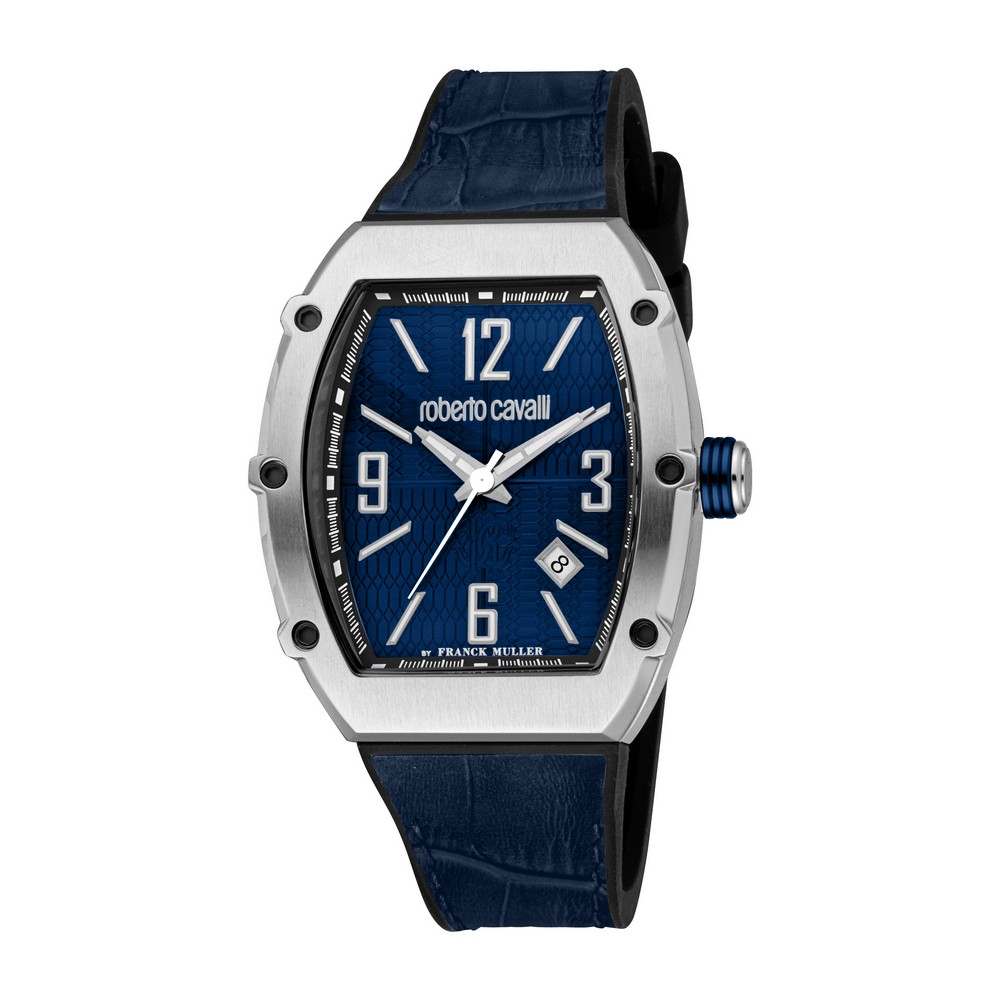 RC by FM Men Watch, Silver Color Case, Dark Blue Dial, Black Rubber & Dark Blue Leather Strap, 3 Hands Date, 5 ATM