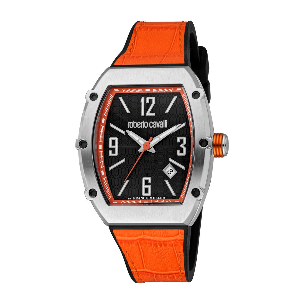 RC by FM Men Watch, Silver Color Case, Black Dial, Black Rubber & Orange Leather Strap, 3 Hands Date, 5 ATM