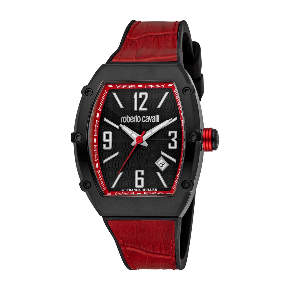 RC by FM Men Watch, Black Color Case, Black Dial, Black Rubber & Red Leather Strap, 3 Hands Date, 5 ATM