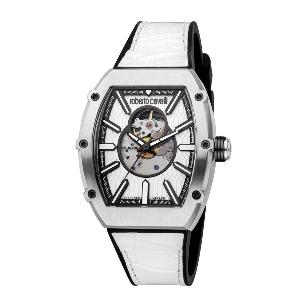 RC by FM Men Watch, Silver Color Case, Silver Dial, Black Rubber & White Leather Strap, Automatic, 5 ATM