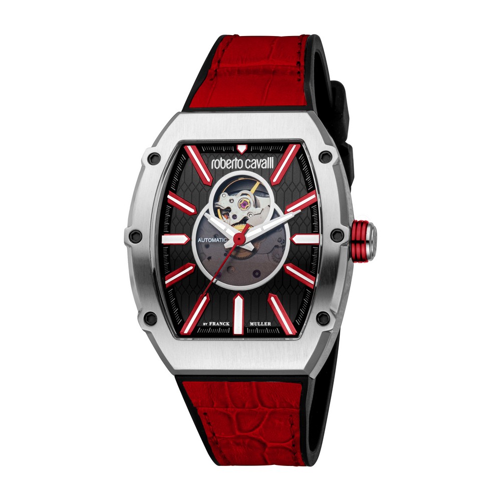 RC by FM Men Watch, Silver Color Case, Black Dial, Black Rubber & Red Leather Strap, Automatic, 5 ATM