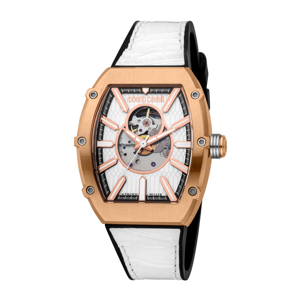 RC by FM Men Watch, Rose Gold Color Case, Silver Dial, Black Rubber & White Leather Strap, Automatic, 5 ATM