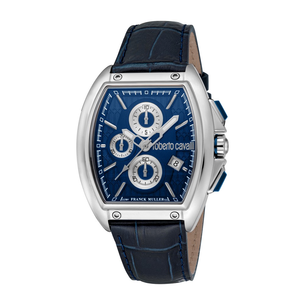 RC by FM Men Watch, Silver Color Case, Dark Blue Dial, Dark Blue Leather Strap, Chronograph, 10 ATM