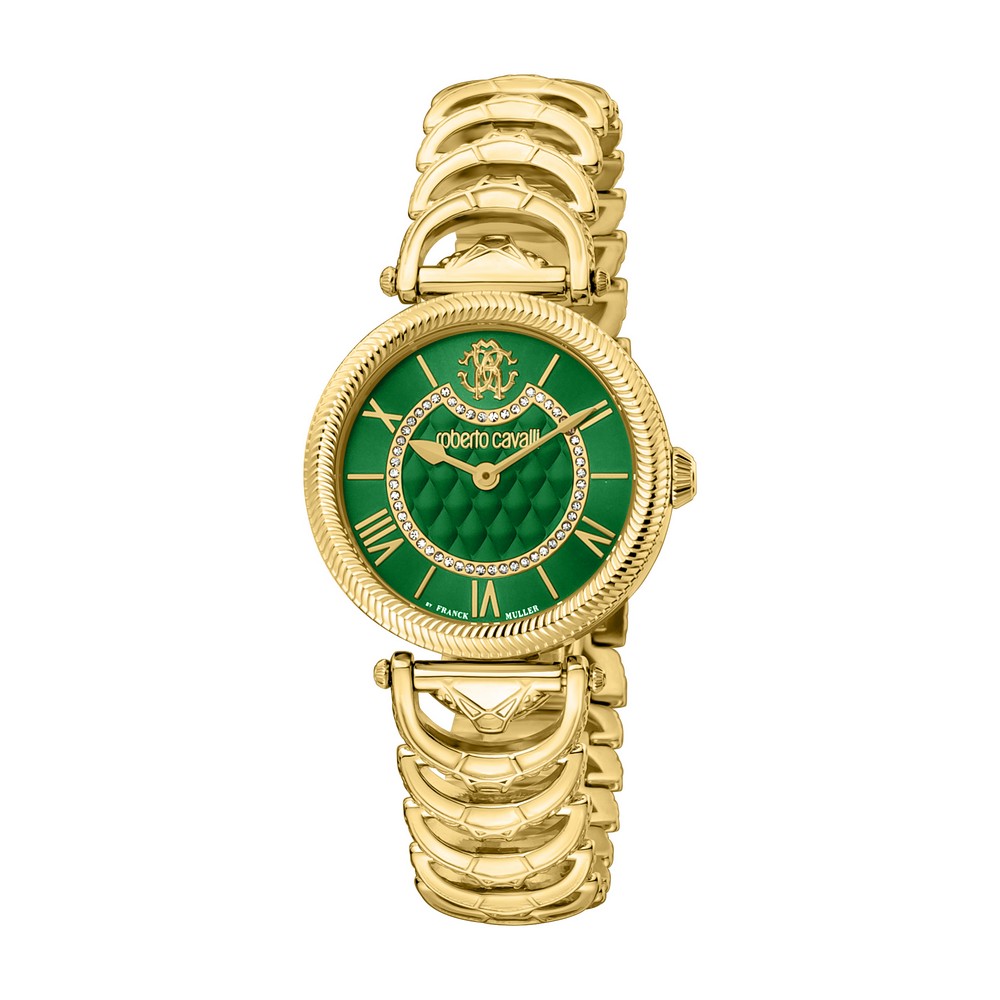 RC by FM Women Watch, Gold Color Case, Dark Green Dial, Gold Color Metal Bracelet, 2 Hands, 5 ATM