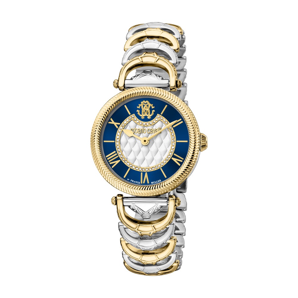 RC by FM Women Watch, Two Tone Silver & Gold Color Case, Dark Blue & Silver Pattern Dial, Two Tone Silver & Gold Color Metal Bracelet, 2 Hands, 5 ATM