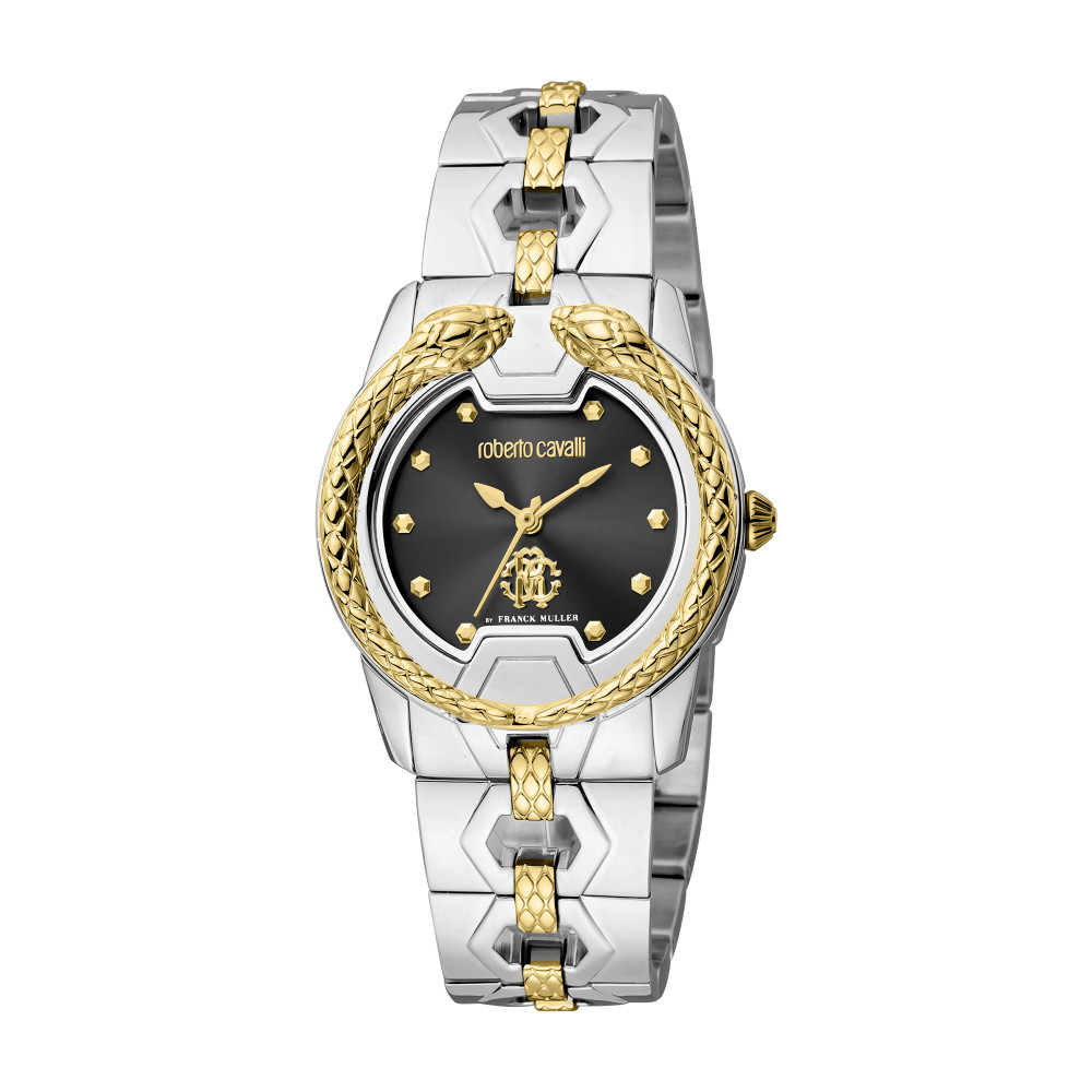 RC by FM Women Watch, Two Tone Silver & Gold Color Case, Black Dial, Two Tone Silver & Gold Color Metal Bracelet, 3 Hands, 5 ATM