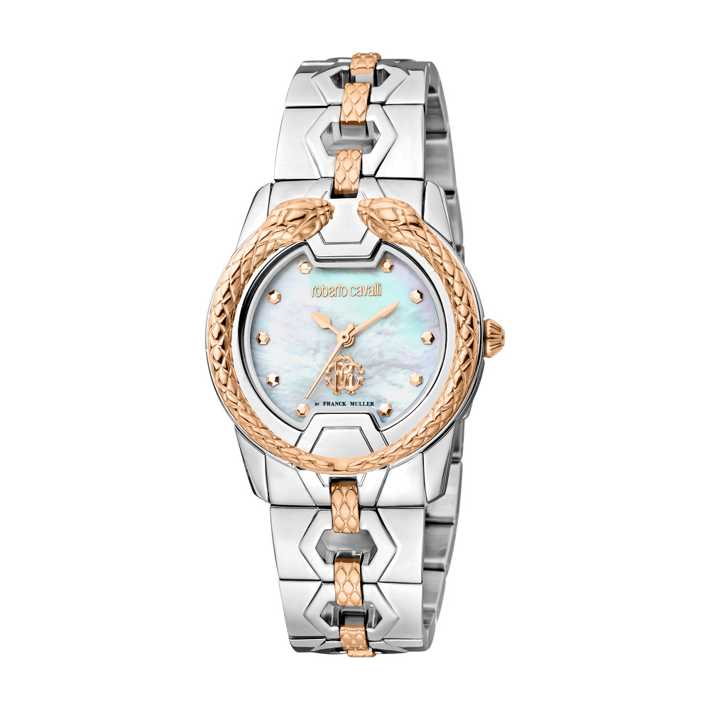 RC by FM Women Watch, Two Tone Silver & Rose Gold Color Case, White MOP Dial, Two Tone Silver & Rose Gold Color Metal Bracelet, 3 Hands, 5 ATM