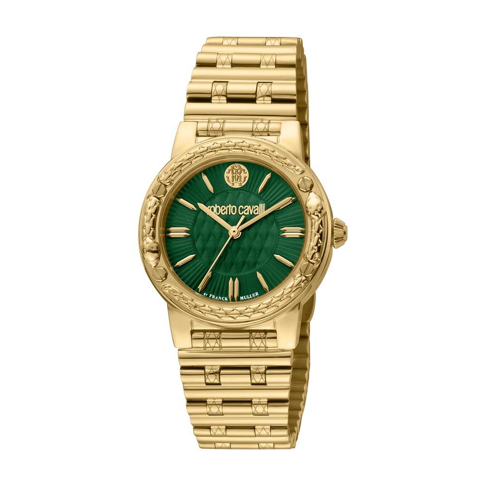 RC by FM Women Watch, Gold Color Case, Dark Green Dial, Gold Color Metal Bracelet, 3 Hands, 5 ATM