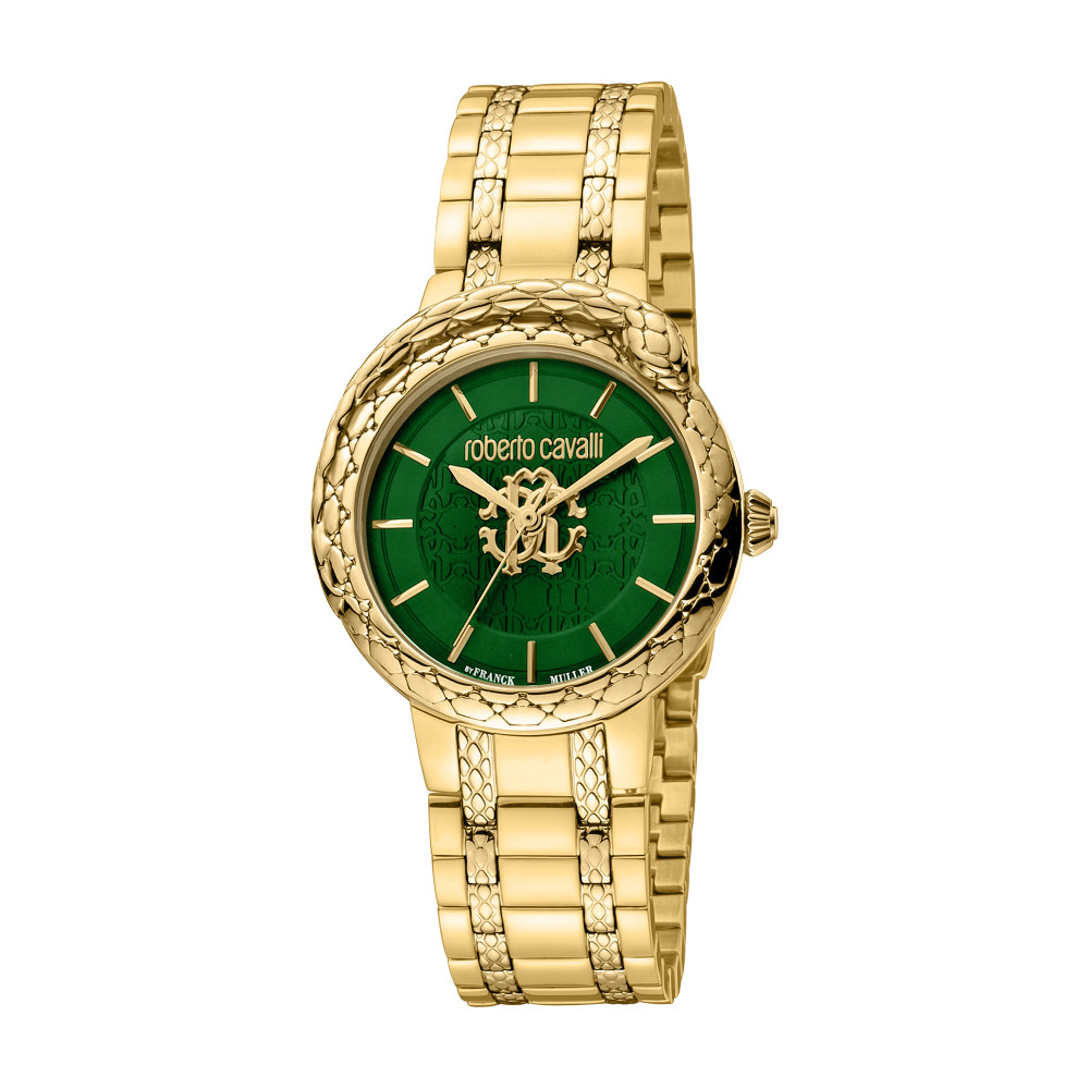 RC by FM Women Watch, Gold Color Case, Dark Green Dial, Gold Color Metal Bracelet, 3 Hands, 5 ATM