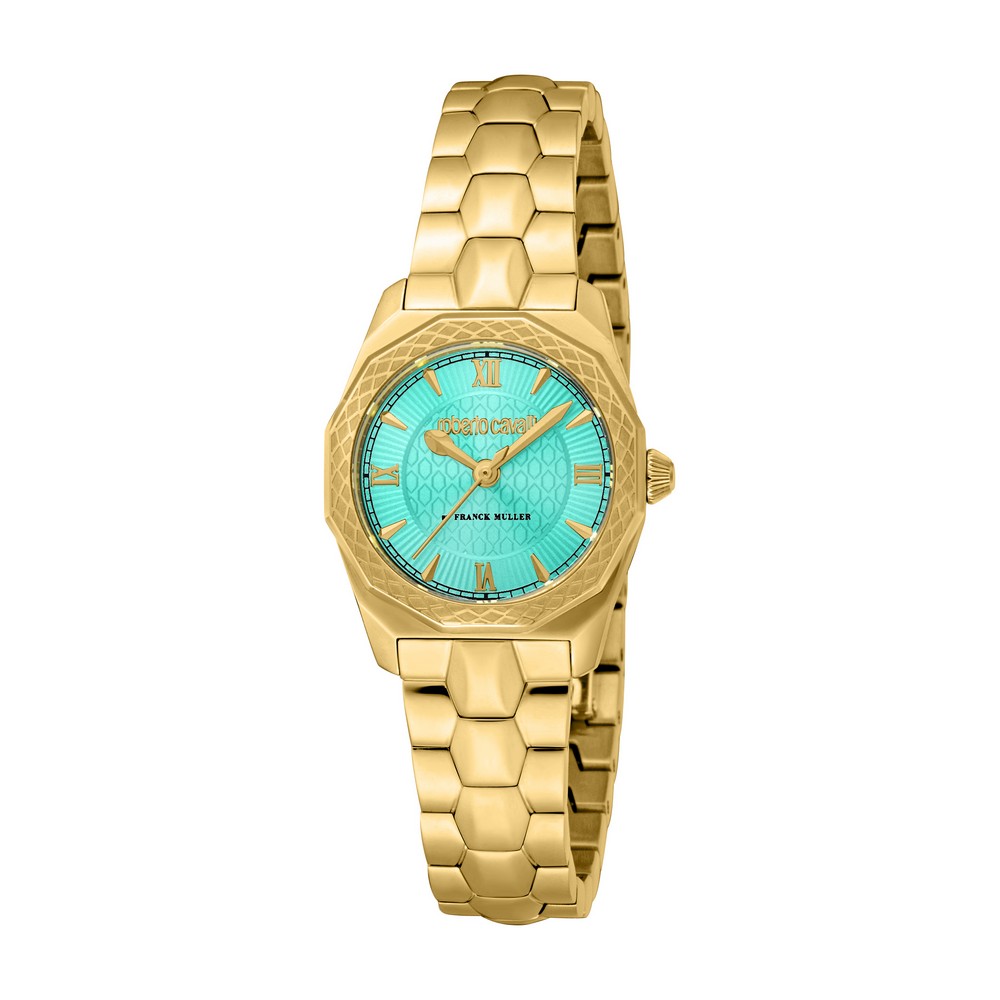 RC by FM Women Watch, Gold Color Case, Blue Dial, Gold Color Metal Bracelet, 3 Hands, 5 ATM