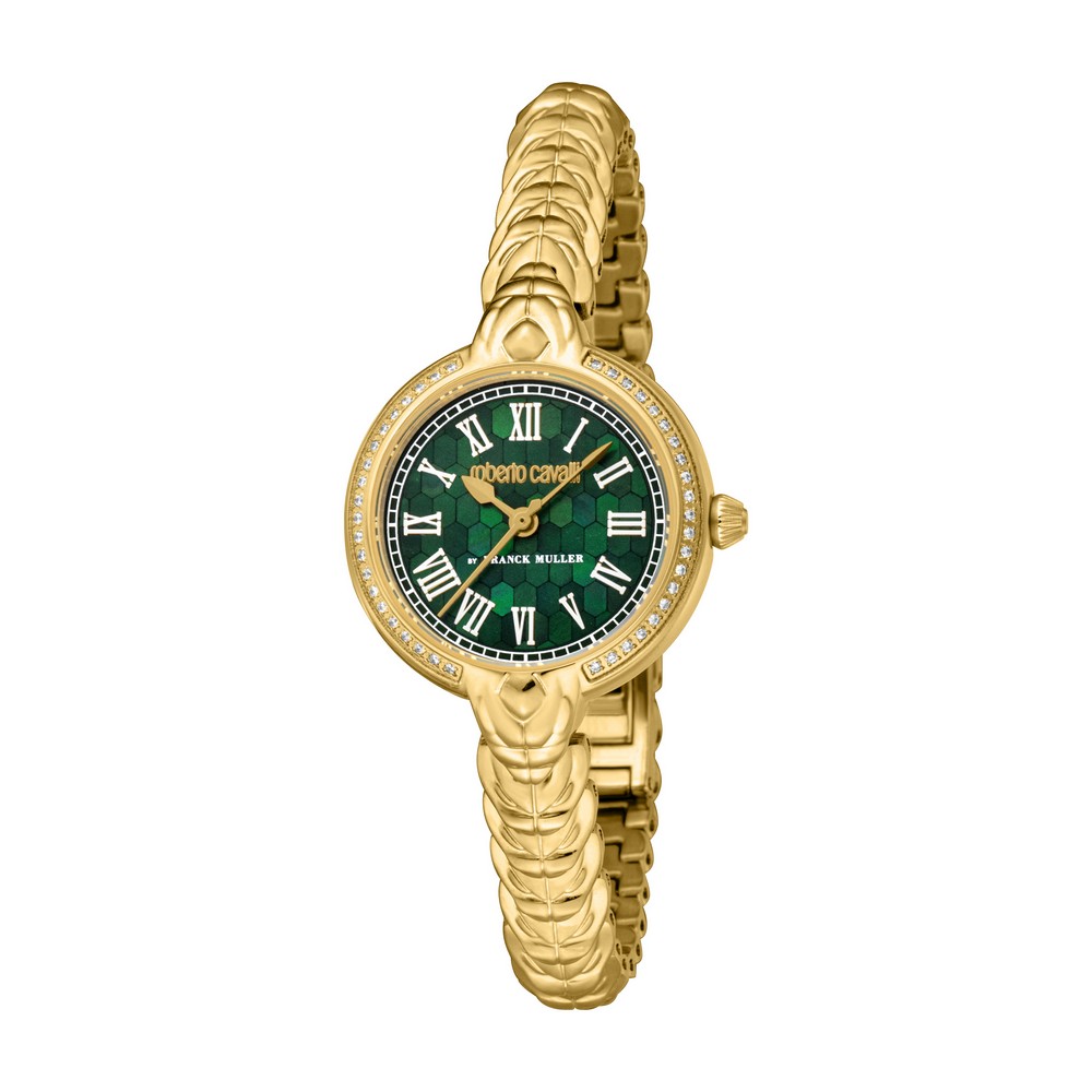 RC by FM Women Watch, Gold Color Case, Dark Green MOP Dial, Gold Color Metal Bracelet, 3 Hands, 5 ATM