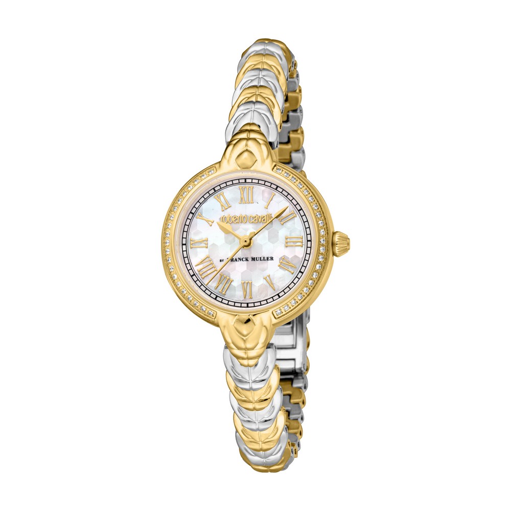 RC by FM Women Watch, Gold Color Case, White MOP Dial, Two Tone Silver & Gold Color Metal Bracelet, 3 Hands, 5 ATM